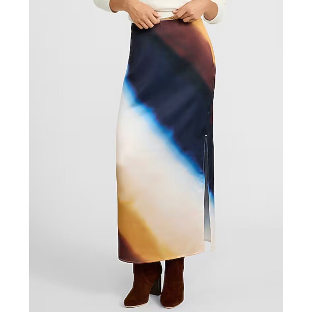 EXPRESS New High Waisted Printed Satin Maxi Slip Skirt LARGE 07650886